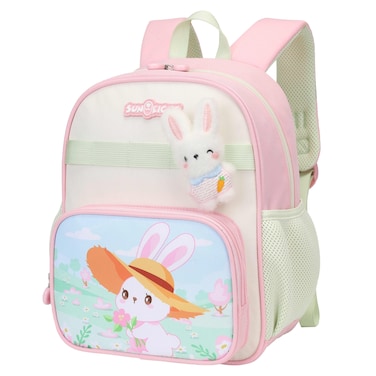 SUN EIGHT Premium 12-inch Light Weight School Backpack Water Resistant Polyester Cute Rabbit Cartoon Daypack for Girls, SE22248, Pink