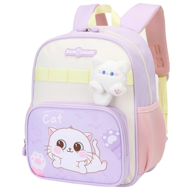 SUN EIGHT Premium 12-inch Light Weight School Backpack Water Resistant Polyester Cute Kitten Cartoon Daypack for Girls, SE22248, Purple