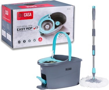 طقم ممسحة ودلو ديلكاسا سهل العصر والتنظيف، مزود بدواسة قدم، ممسحة أرضية بعصارة دوارة، رأس ممسحة توربو قابل لإعادة التعبئة، مصنوع من ألياف دقيقة 100%