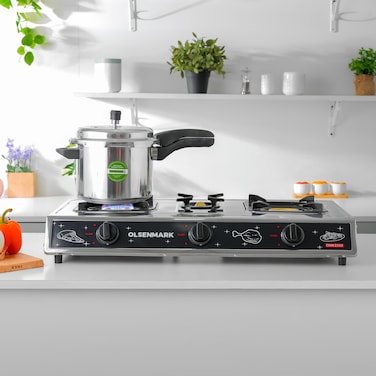 Olsenmark Gas Cooker- OMK2229  3 Cast Iron Burner with Pan Support  Low Gas Consumption and Efficient Indian Burners  Improved Gas Flow for Efficient Heating  Auto Ignition System, LPG Gas S