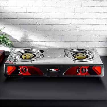 Olsenmark Gas Cooker- OMK2230Z/ Table Top, 2 Burner with Electroplated Pan Support, Stainless Steel Water Tray/ Low Gas Consumption and Efficient Burners/ Auto Ignition System, LPG Stove/ Si