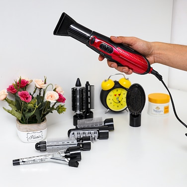 Olsenmark Multi Function Hair Styler - 9 In 1 - 3 Heat &amp; 2 Speed Setting - 360 Degree Swivel Cord - Safety Cut-Off, 2 Years Warranty
