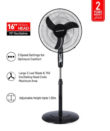 Olsenmark Classic Stand Fan- OMF1738, With Adjustable Height Upto 1.25 M And 3 Blade For Strong Wind, 75-Degree Horizontal Oscillation, 3-Speed Levels, High Performance 45qW Motor, Black