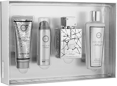 Armaf Club De Nuit Sillage Man 4 Pieces Gift Set For Men, Eau De Parfum 105ml, Perfumed Body Spray 50ml, Hair Shampoo 250ml, Body Shower Gel 100ml, Giftset, For Him, Silver, Perfumes for men