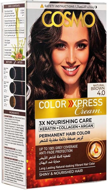 Cosmo Permanent Hair Colour Natural 4.0 Natural Brown, 3X Nourishing Care, Long Lasting, Hairs Color, Natural Looking, 100% Gray Coverage, Coloring Kit, Anti Fade Protection, Dye