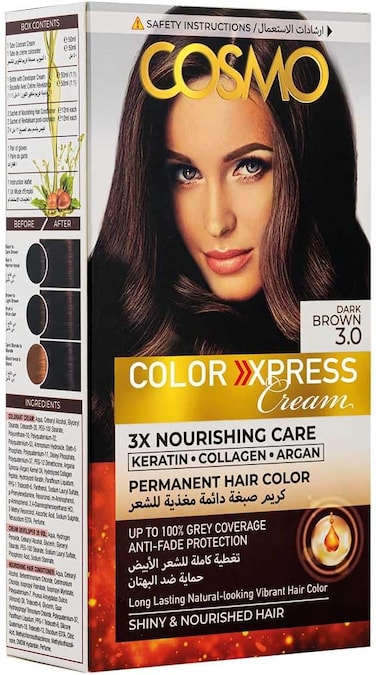 Cosmo Permanent Hair Colour Natural 3.0 Dark Brown, 3X Nourishing Care, Long Lasting, Hairs Color, Natural Looking, 100% Gray Coverage, Coloring Kit, Anti Fade Protection, Dye