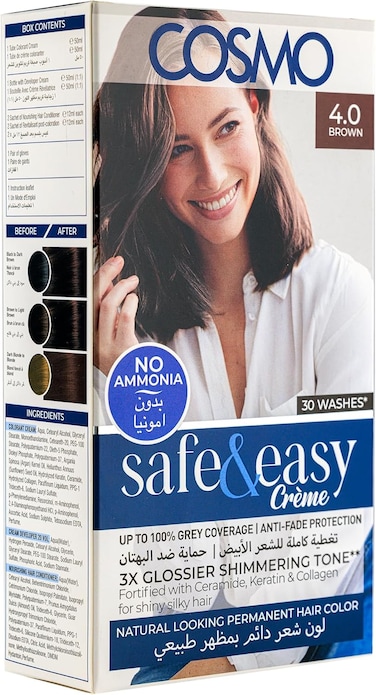 Cosmo Safe &amp; Easy Cream Hair Color Kit &ndash; No Ammonia, Permanent Intense (Brown 4.0)