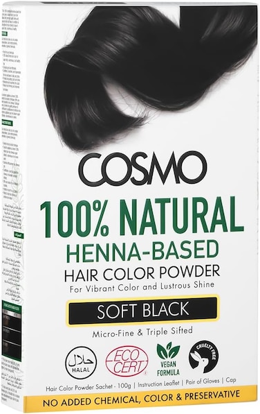 Cosmo 100% Natural Henna Based Hair Color Powder 100g, Soft Black, For Vibrant Color, Lustrous Shine, Hair Colour