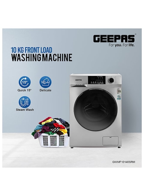 Geepas Fully Automatic Front Load 10KG Washing Machine, 15 Programs, Quick Wash, Steam Wash, Child Lock,  69L Drum Capacity, Metallic Grey, GWMF10140 - 1 Year Full and 10 Year Inverter Motor Warranty
