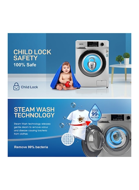 Geepas Fully Automatic Front Load 10KG Washing Machine, 15 Programs, Quick Wash, Steam Wash, Child Lock,  69L Drum Capacity, Metallic Grey, GWMF10140 - 1 Year Full and 10 Year Inverter Motor Warranty