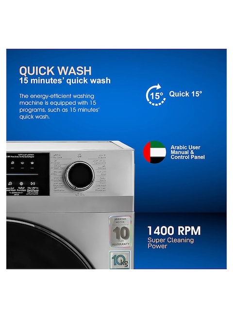 Geepas Fully Automatic Front Load 10KG Washing Machine, 15 Programs, Quick Wash, Steam Wash, Child Lock,  69L Drum Capacity, Metallic Grey, GWMF10140 - 1 Year Full and 10 Year Inverter Motor Warranty