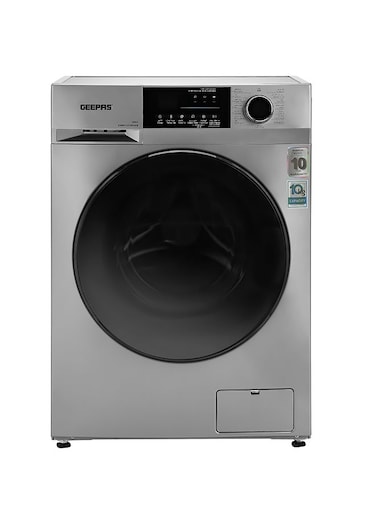 Geepas Fully Automatic Front Load 10KG Washing Machine, 15 Programs, Quick Wash, Steam Wash, Child Lock,  69L Drum Capacity, Metallic Grey, GWMF10140 - 1 Year Full and 10 Year Inverter Motor Warranty