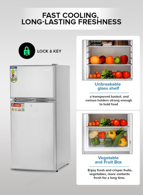 Geepas Double Door No-Frost Refrigerator, 200L, Quick Cooling, Low Noise, Big Storage Freezer, Spacious Vegetable Crisper Box, Auto Defrost, Eco-Friendly Design, GRF2003SPN, Silver, 1 Year Warranty