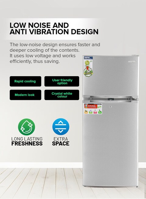 Geepas Double Door No-Frost Refrigerator, 200L, Quick Cooling, Low Noise, Big Storage Freezer, Spacious Vegetable Crisper Box, Auto Defrost, Eco-Friendly Design, GRF2003SPN, Silver, 1 Year Warranty