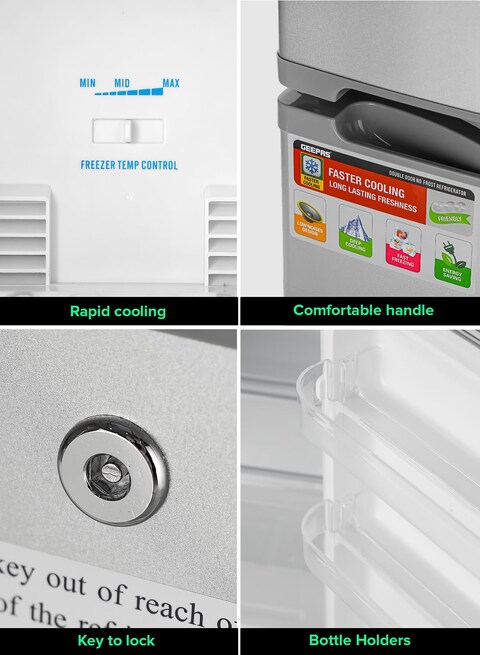 Geepas Double Door No-Frost Refrigerator, 200L, Quick Cooling, Low Noise, Big Storage Freezer, Spacious Vegetable Crisper Box, Auto Defrost, Eco-Friendly Design, GRF2003SPN, Silver, 1 Year Warranty