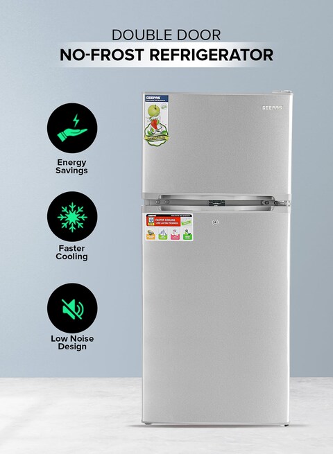 Geepas Double Door No-Frost Refrigerator, 200L, Quick Cooling, Low Noise, Big Storage Freezer, Spacious Vegetable Crisper Box, Auto Defrost, Eco-Friendly Design, GRF2003SPN, Silver, 1 Year Warranty
