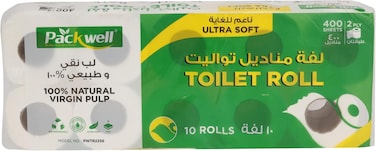 Packwell 2Ply Toilet Roll 400 Sheet Pack Of 10 Pcs Rolls Softness Bathroom Tissue Roll Toilet Paper Toilet Tissue Premium Silky Feel Softness Bathroom Tissue Roll, Sterilized For Germ Protection