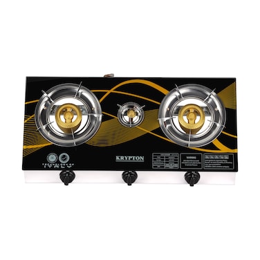Krypton Gas Cooker- KNGC6572/ Glass Top Panel, Triple Burner 100+40+100 mm, Stainless Steel Frame and Tray/ Low Energy Consumption and Fuel Efficient/ Automatic Ignition System, LPG Gas Stove/ Black, 2 Years Warranty