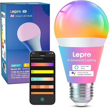 Lepro B2 AI Smart Bulb E27, 1100LM 10W (Replace 75W), Work with Alexa &amp; Google Assistant, Music Sync Bluetooth &amp; WiFi Bulb, Voice Control Screw Light Bulbs, Personalized AI Lighting Designer