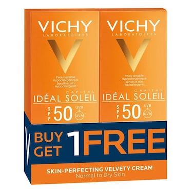 Vichy Ideal Soliel SPF 50 UVA/UVB Sun Protection Skin Perfecting Velvety Cream Normal to Dry Skin Combo Pack 50ml