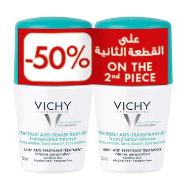 Vichy 48 Hours Anti-Perspirant Deodorant Roll-On Intensive Treatment 50ml, Buy 1 Get 50% Off On 2nd Piece, Promo Pack