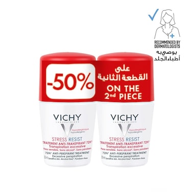 Vichy 72 Hours Stress Resist Anti-Perspirant Deodorant Roll-On For Excessive Perspiration 50ml, Buy 1 Get 50% Off On 2nd Piece, Promo Pack