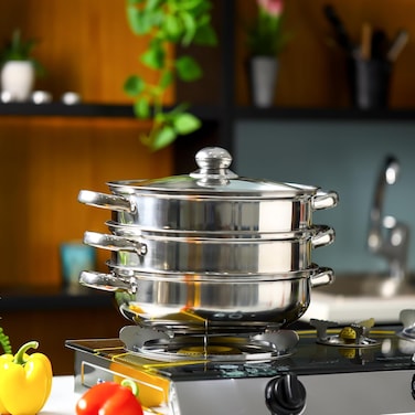 Delcasa 3 Layer Stainless Steel Steamer, 4.0 Liter Capacity, Silver