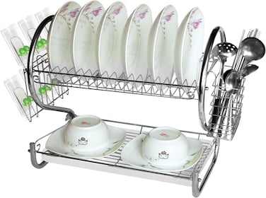 رف أطباق ديلكاسا المقاوم للصدأ ذو طبقتين من الحديد للمطبخ، فضي اللون