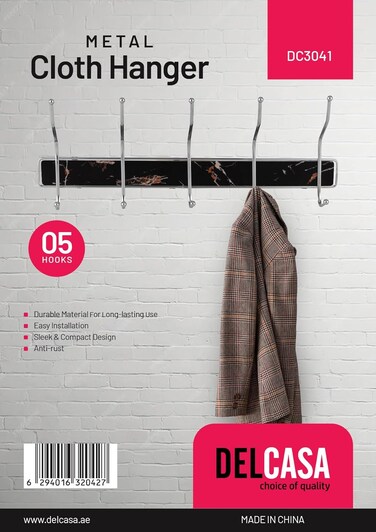 علاقة حائط معدنية من ديلكاسا DC3041، 10 خطافات، أسود/فضي