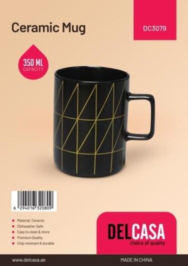 Delcasa DC3079 Ceramic Mug, 350ml Capacity, Black/Gold