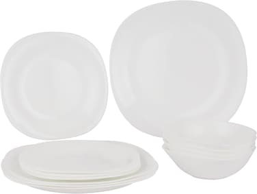 طقم عشاء أوبالوير من ديلكاسا مكون من 12 قطعة - DC3463 / يشمل أطباقًا مربعة مسطحة وأوعية / آمن للاستخدام في غسالة الصحون، والفريزر، والميكروويف / مقاوم للكسر ومناسب للطعام / أبيض