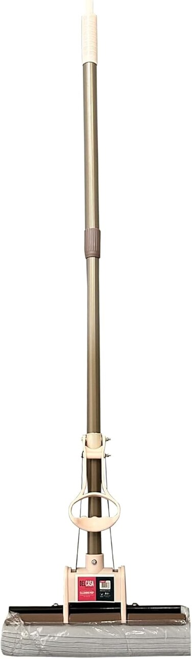 ممسحة تنظيف إسفنجية ذاتية العصر من مادة PVA من ديلكاسا DC3467 بمقبض طويل، للتنظيف الرطب، رأس قابل للغسل لتجفيف أسرع، مناسبة للأرضيات والبلاط والرخام والجرانيت