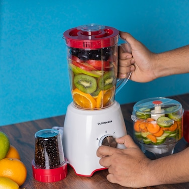 Olsenmark 3-in-1 Multifunctional Blender- OMSB2336  600W Powerful Motor with 2 Speed Setting and Pulse  Transparent and 1.6 L Unbreakable Jar with Stainless Steel Blade, 200 ML Grinder, 500