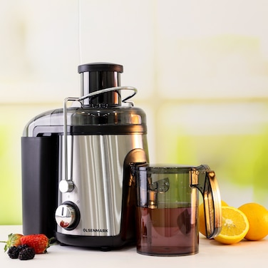 Olsenmark Juice Extractor with Stainless Steel Housing - 75mm Feeding Tube - 2L Pulp Container &amp; 1.1L Juice Collection Cup - Overheat Protection - Double Safety Lock - SS Filter Basket