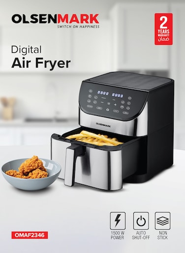 Olsenmark Digital Air Fryer- OMAF2346R / 8L Capacity With Non-Stick Frying Pot And Tray, Oil Free Cooking/ LED Display Touch Screen, 10 Cook Modes, 1-60 Mins Timer, 2 Years Warranty, Black and Silver
