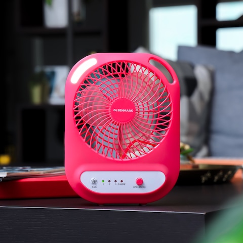 Olsenmark Rechargeable Fan, 6 Inch - 2x3.7V 1.5Ah Battery - Portable, Lightweight - USB Rechargeable - Power &amp; Charging Indicator Light - 3 Speed Option - 6 Pcs LED Light