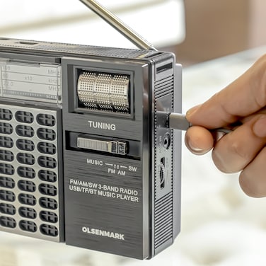 Olsenmark Portable Radio with 3 Band - Rechargeable Battery, Bluetooth USB, TF, &amp; MP3, Comfortable Handle, Karaoke Function - Recorder - Microphone Retro Style Radio, 2 Years Warranty