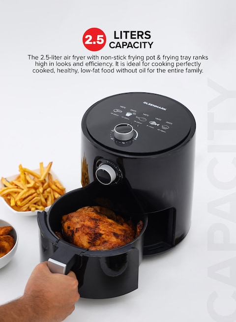 Olsenmark Air Fryer- OMAF2448E/ 1200W, 2.5L Capacity With Non-Stick Frying Pot And Tray, Oil Free Cooking/ Temperature And Cooking Timer Control Knob, 2 Years Warranty, Black