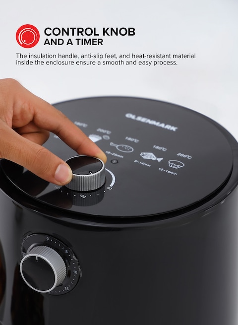 Olsenmark Air Fryer- OMAF2448E/ 1200W, 2.5L Capacity With Non-Stick Frying Pot And Tray, Oil Free Cooking/ Temperature And Cooking Timer Control Knob, 2 Years Warranty, Black