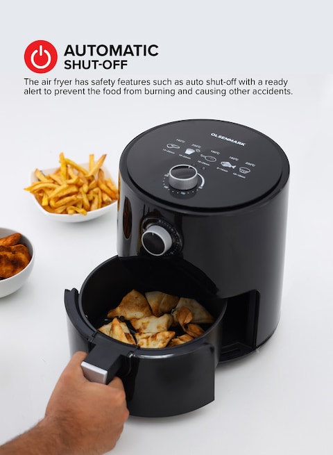 Olsenmark Air Fryer- OMAF2448E/ 1200W, 2.5L Capacity With Non-Stick Frying Pot And Tray, Oil Free Cooking/ Temperature And Cooking Timer Control Knob, 2 Years Warranty, Black