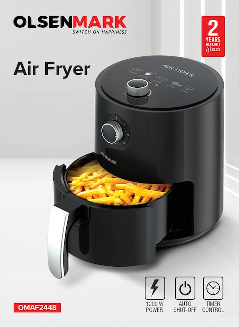 Olsenmark Air Fryer- OMAF2448E/ 1200W, 2.5L Capacity With Non-Stick Frying Pot And Tray, Oil Free Cooking/ Temperature And Cooking Timer Control Knob, 2 Years Warranty, Black