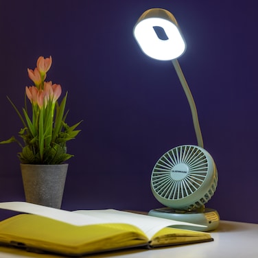 2-in-1 LED Desk Lamp with Mini Fan, Flexible Neck, OMF1827, USB Charging, 3 Dimmable Brightness Option with 3 Speed Fan, Ideal for Table, Desk, Home, Office &amp; More