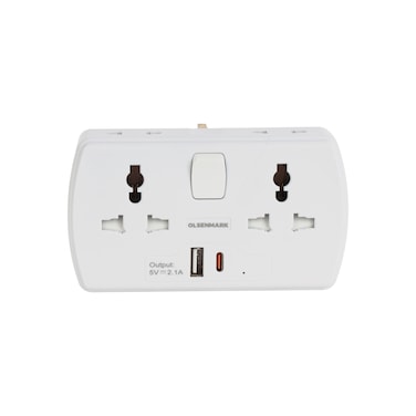 Olsenmark 2 Way Multi Adaptor with 2 USB Ports- OMES1886/ Global Compatibility, 2 Port, Compact and Portable Design/ Perfect for Travelling, Office, Home/ White, 2 Years Warranty