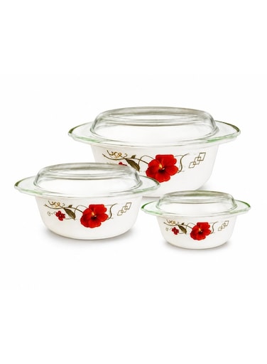 Delcasa 3-Piece Casserole Set with Glass Lids, White with Floral Design