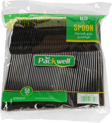 Packwell Plastic HD Disposable Table Spoon 50 Pieces, Black