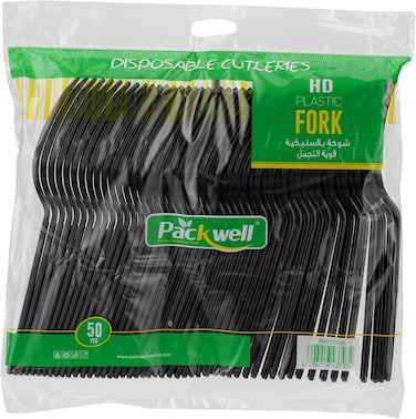 Packwell Plastic HD Fork 50 Pieces, Black Disposable Cutlery