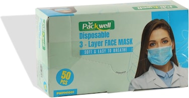 Packwell Disposable Face Masks, 3-Ply, Blue, 50-Pack