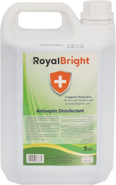 Packwell Royalbright Antiseptic Disinfectant Liquid 5 Liter Antiseptic For Everyday Use, Suitable For Home, Office And Commercial Space Use, Perfect For Medical Use, Personal Hygiene
