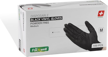 Packwell Vinyl Gloves Black Powder Free Medium 100 Pcs