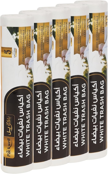 Packwell Garbage Bag Strong &amp; Bio-Degradable Heavy Duty Disposable Garbage 30 Pcs 46X52cm Pack Of 5 Pcs Roll Packwell Trash Bag, White